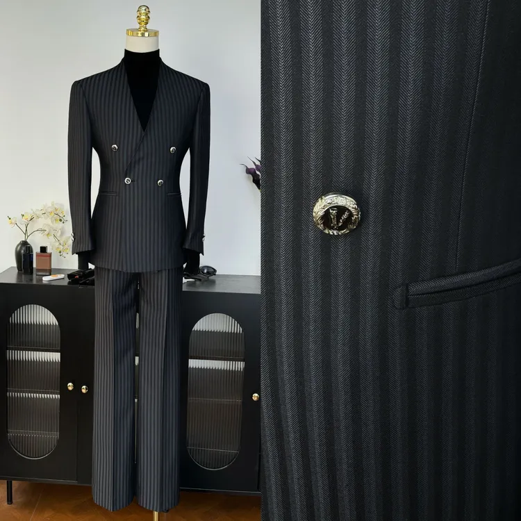 【西蒙曹】高级时尚“无领条纹”雅痞气质时尚休闲修身微喇裤西服套装