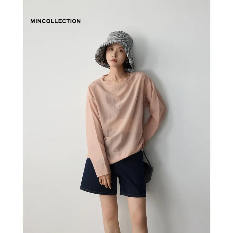 洋粉罩衫/9mm丝棉定制三文鱼色清透罩衫55265