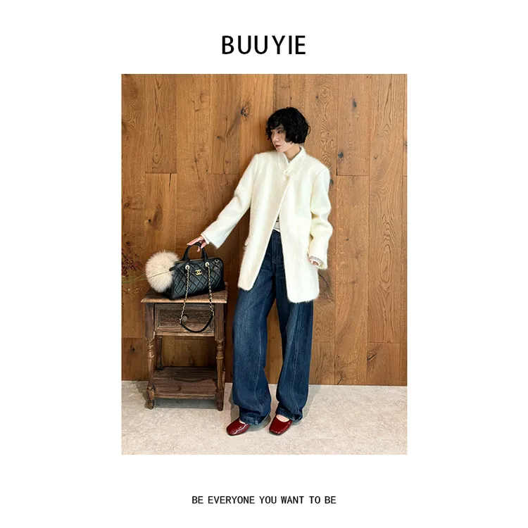 BUUYIE【雪戎】澳毛羊绒呢子大衣新款冬季宽松毛呢外套 251227