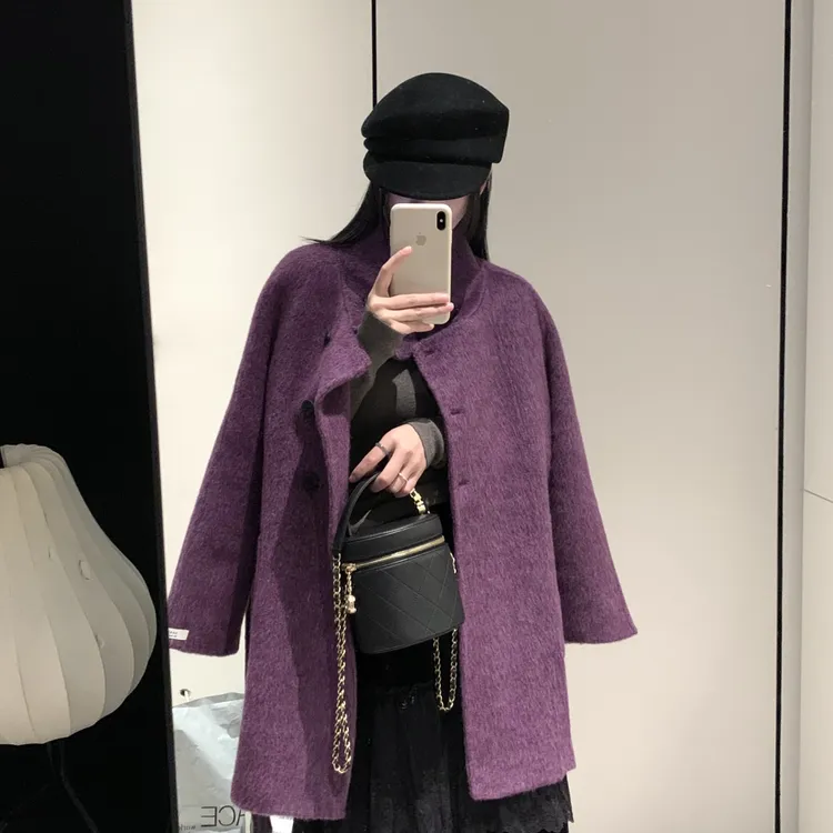 紫色爆显瘦不挑人羊毛外套(配腰绳)女士高端大气上档次羊毛衫外套