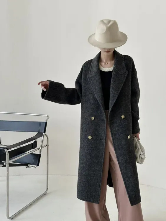 宽袖宽松型女慵懒风秋冬毛呢外套百搭中长款毛呢气质