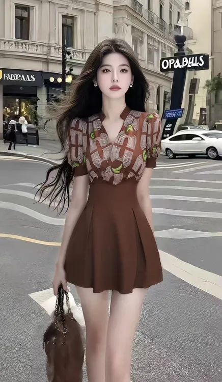 夏季新款别致设计感棕色V领短袖连衣裙女百搭不规则显瘦气质女装