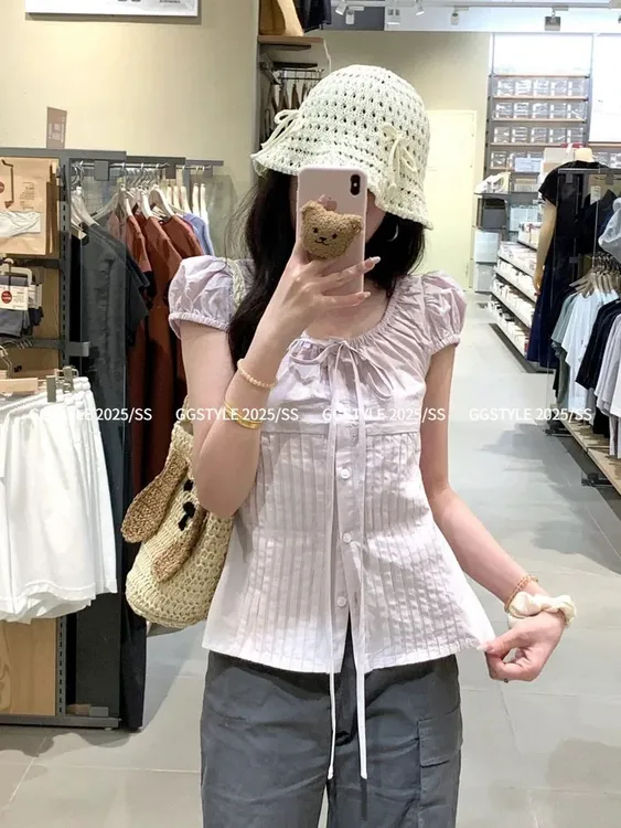 夏季白色正肩设计感小众收腰法式泡泡袖短袖衬衫