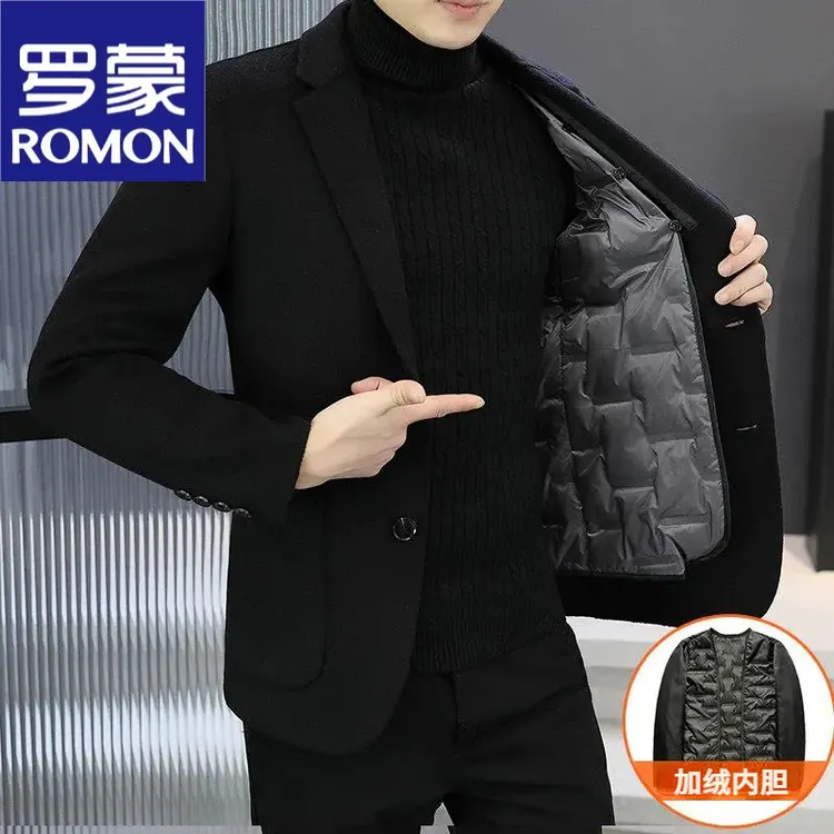 罗蒙冬季韩版修身双面呢西服男可脱卸加绒内胆羊毛呢子西装外套