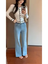 【肉肉】韩版高腰弹力显瘦直筒牛仔裤子女2025春秋长裤宽松阔腿裤