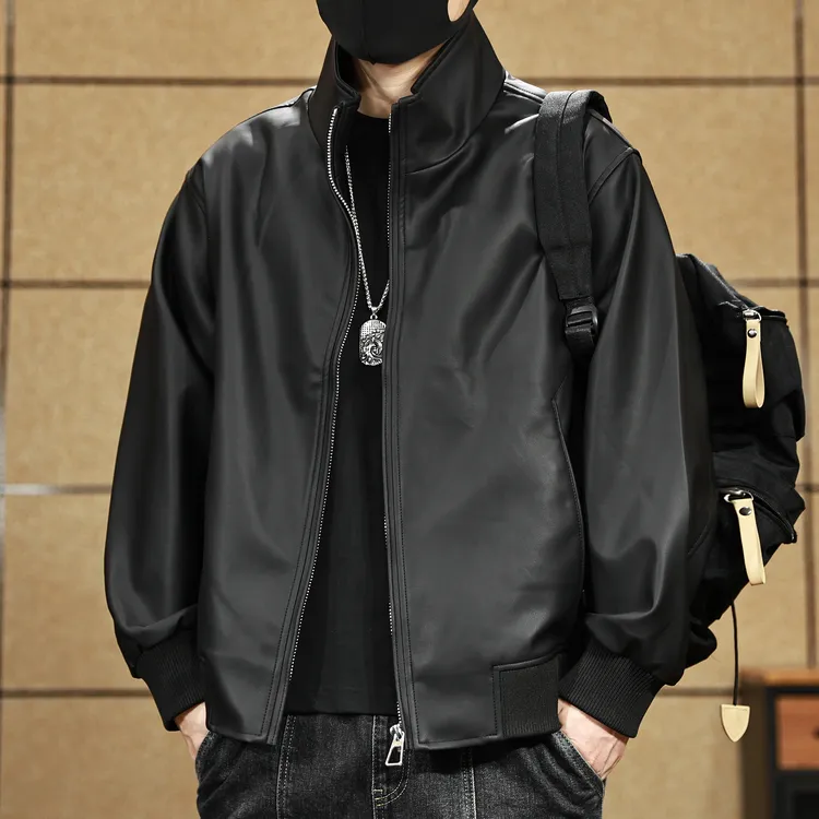 美式复古PU皮夹克男士2025新款秋季潮牌宽松立领机车服飞行员外套