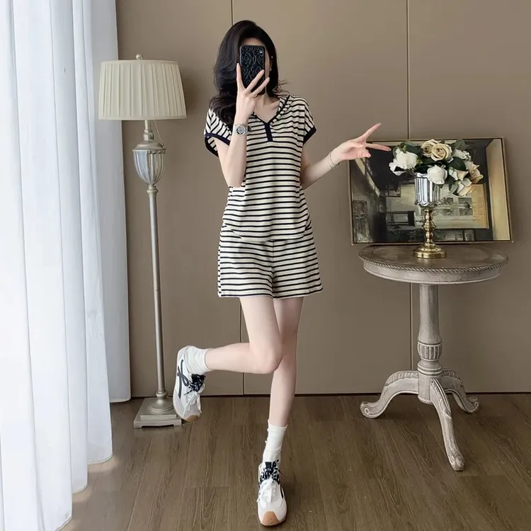 纯棉休闲运动套装女2025新款夏季一整套时尚减龄显瘦条纹两件套