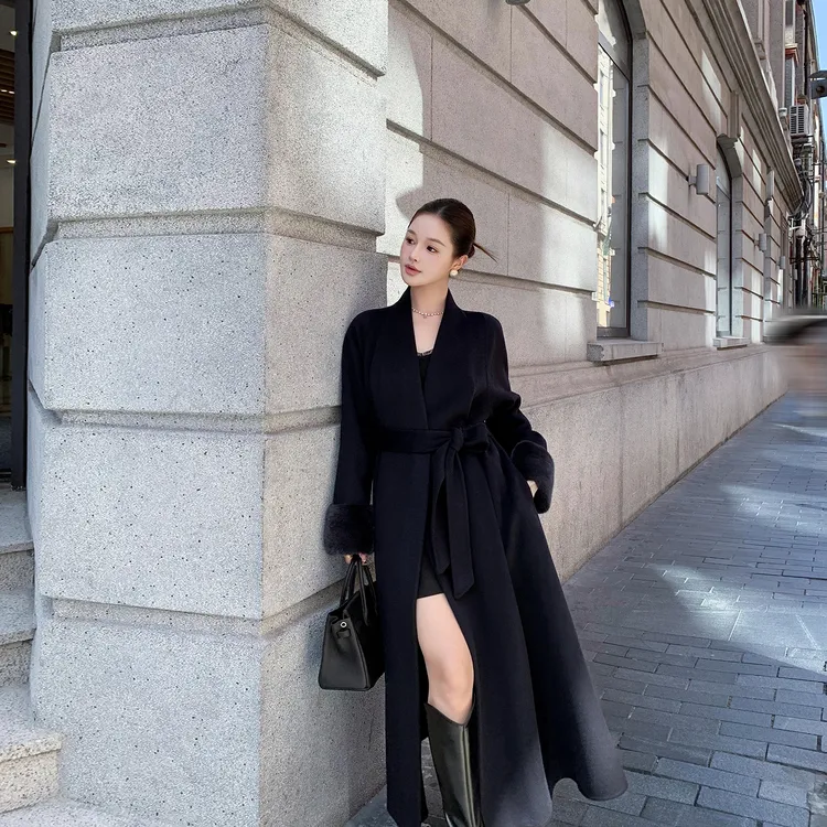 轻奢气质双面羊绒大衣女2025冬季新款高端大牌袖口水貂毛毛呢外套