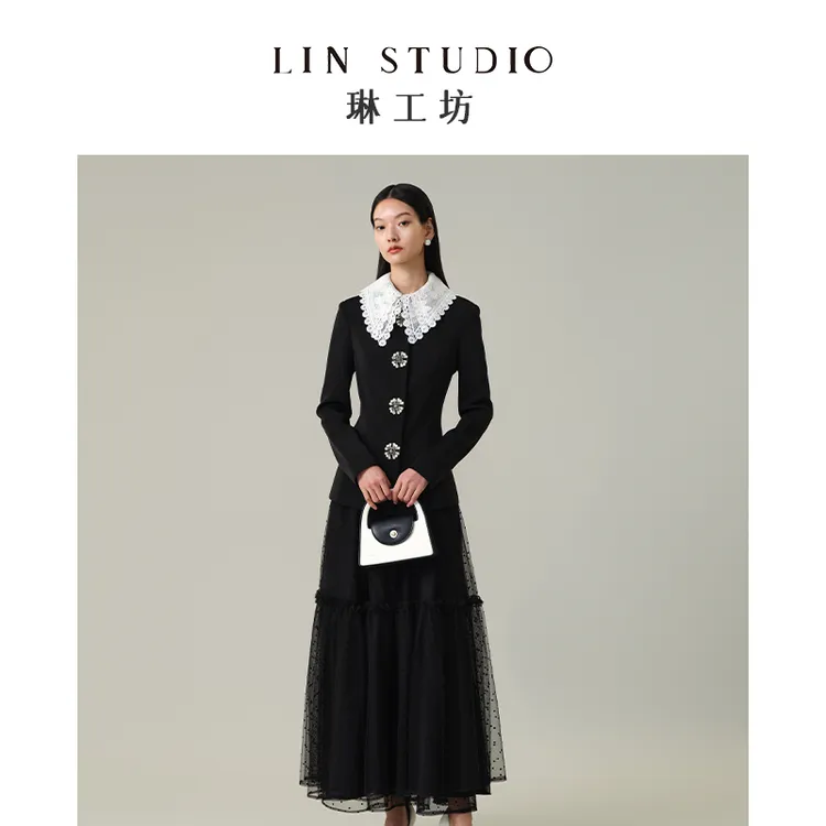 【半裙】琳工坊多丽黑色半裙气质纱裙显瘦优雅温柔休闲唐琳设计师