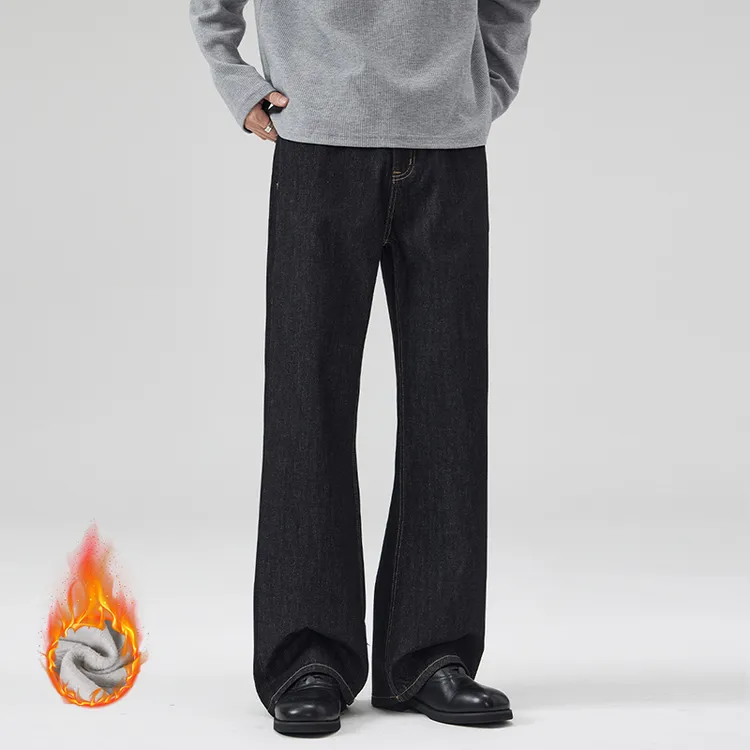 2025新款秋冬加绒加厚原牛黑色不掉色牛仔裤男直筒老钱风长裤子