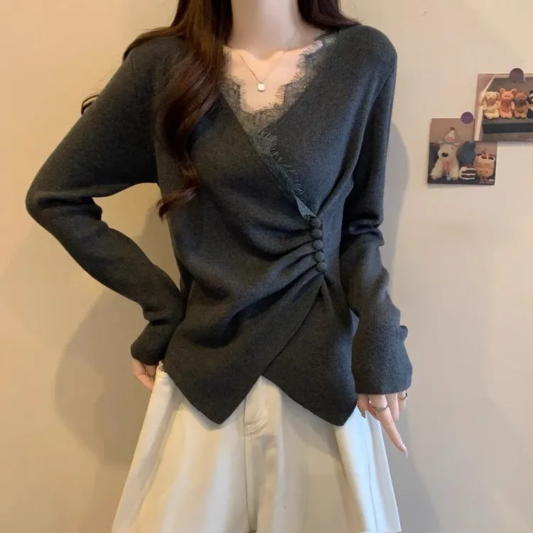 欧货蕾丝V领高级感大码女装胖mm秋冬收腰遮肚毛衣内搭针织打底衫
