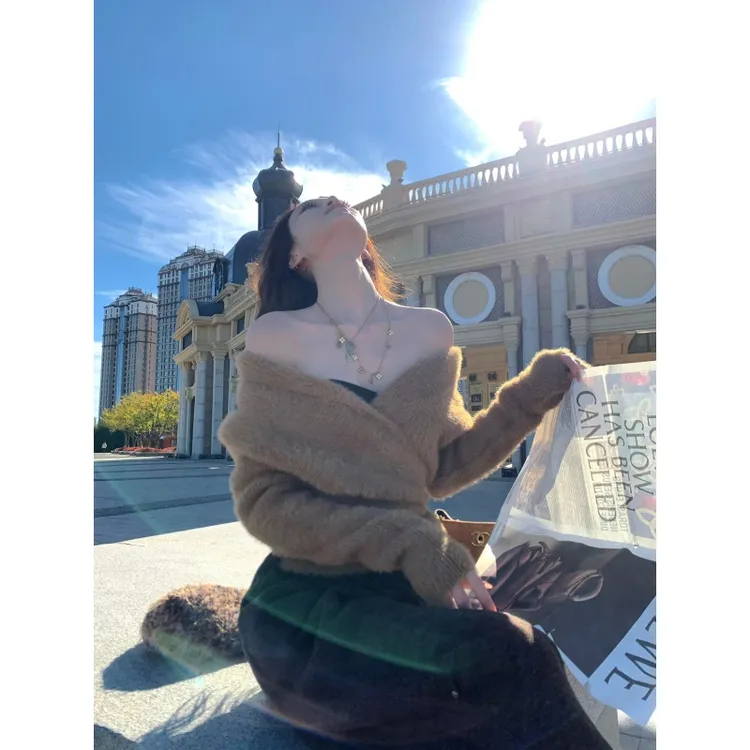 韩系纯欲慵懒风宽松百搭露肩长袖上衣高腰时尚垂感直筒阔腿裤套装