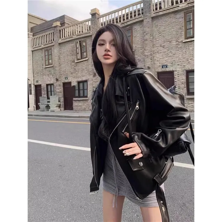 【小璐专属】美式气质高级感酷甜皮衣外套女秋PU夹克短款机车服上衣