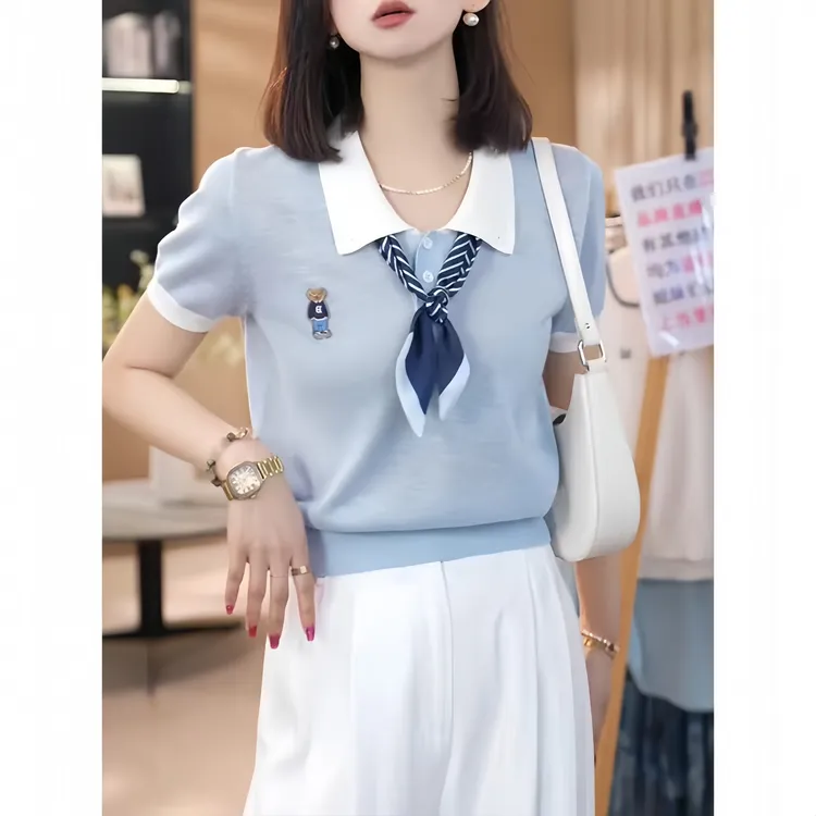 夏装新款polo领提花小熊丝巾冰丝针织衫时尚显瘦撞色T恤套头上衣