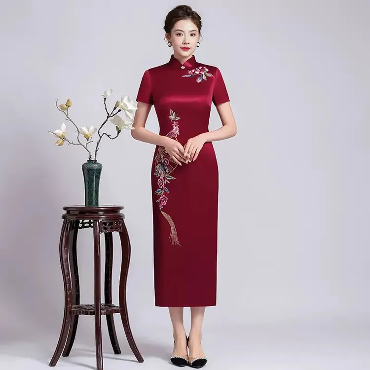 正品苏绣旗袍进口三醋酸高档修身旗袍喜婆婆婚宴旗袍妈妈礼服L
