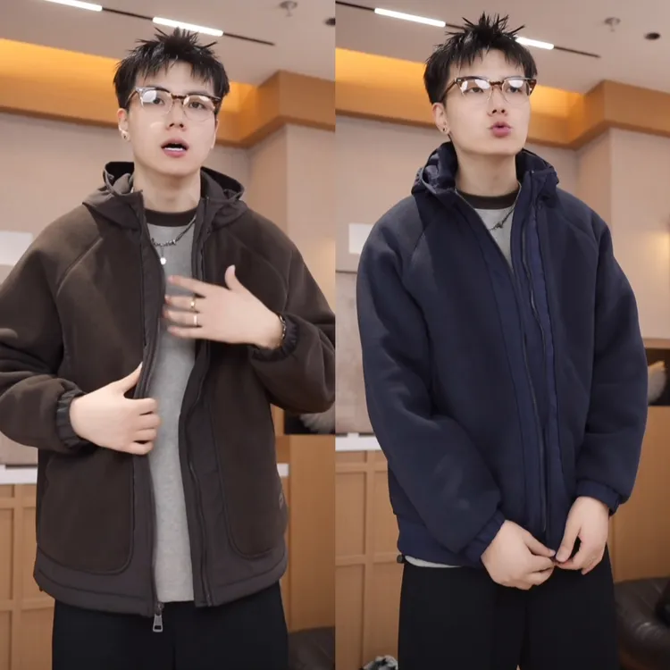 冬季极简风拼接摇粒绒连帽服外套纯色百搭时尚气质男士休闲夹克