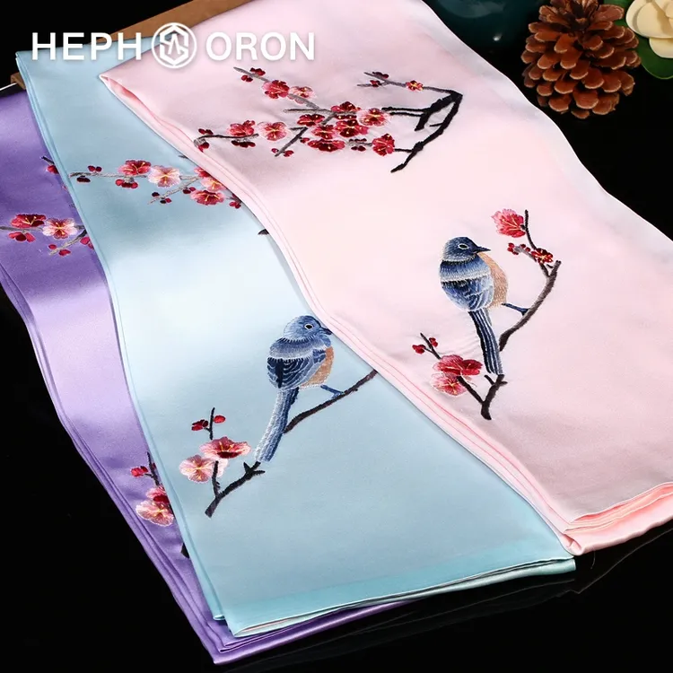 HEPHSORON苏绣丝巾礼盒送妈妈蓝色刺绣百搭高级感桑蚕丝真丝围巾