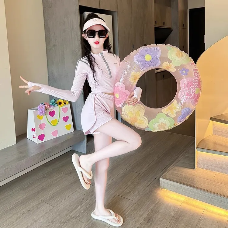 儿童泳衣夏季2025新款洋气女孩长袖防晒游泳衣女童分体高颜值泳装