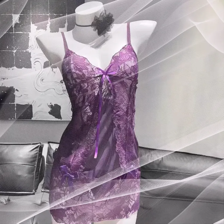 （紫色韵味）2025新款性感吊带睡裙睡衣女纯欲蕾丝网纱美背镂空薄款