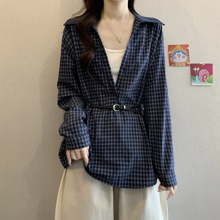 大码女装遮肚子设计感格子长袖衬衫女春秋胖妹妹收腰显瘦衬衣上衣