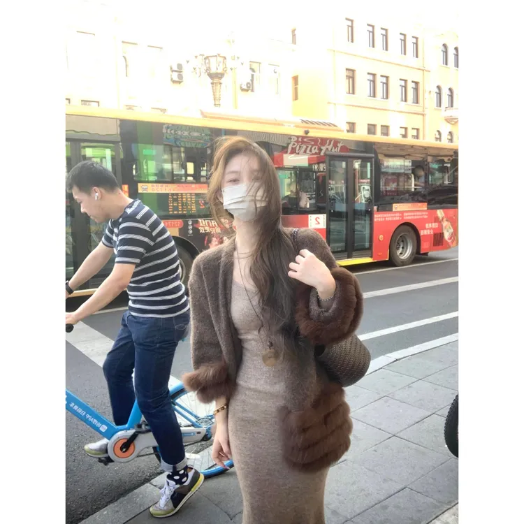 MARIE.COCO秋冬美拉德老钱风毛毛拼接毛衣外套内搭吊带连衣裙套装