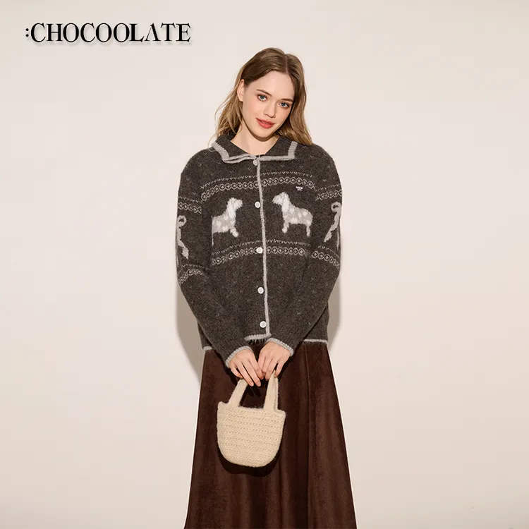 【昭昭专属】it：CHOCOOLATE复古秋冬小狗提花立领毛衣针织外套6163-1330349