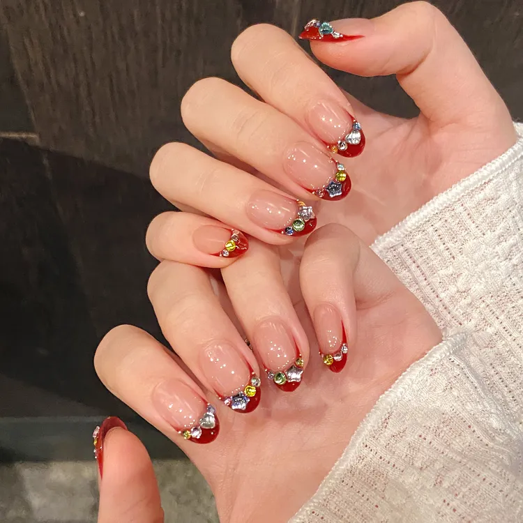 【八方来财】酒红闪钻手绘法式短款满钻显白假指甲美甲纯手工穿戴甲