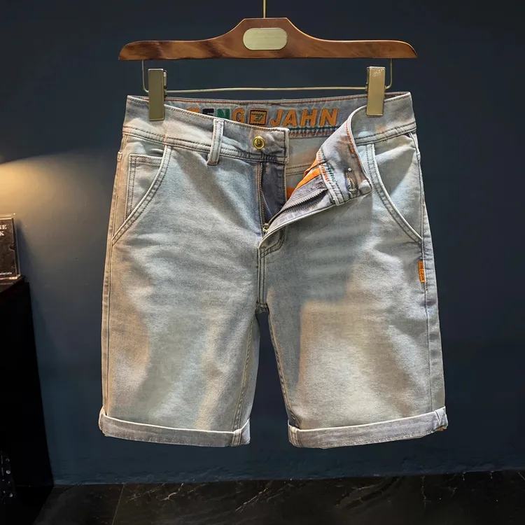 GS美式复古硬汉风直筒牛仔短裤男士潮流刺绣水洗灰色休闲五分中裤