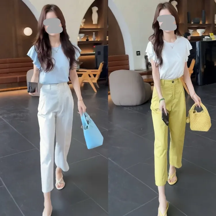 夏季新款法式甜美可爱风圆领短袖T套装显瘦高腰休闲裤洋气衣服女