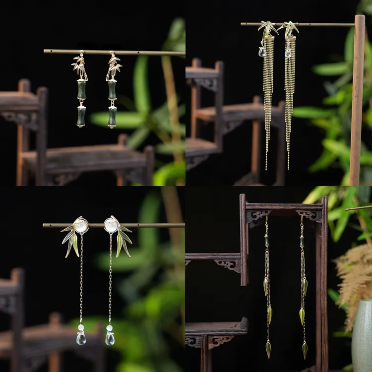 铜合金耳饰 亭中荷【与君归】竹子耳饰手工气质复古节节高升新中式