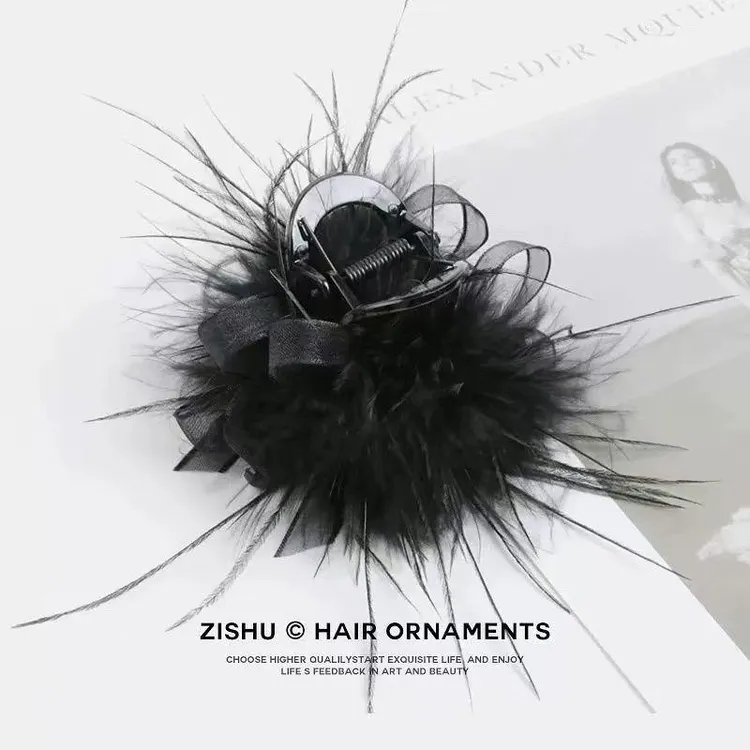 【织梦】浪漫黑色羽毛8cm鲨鱼发夹抓夹时尚发饰气质可爱百搭头饰