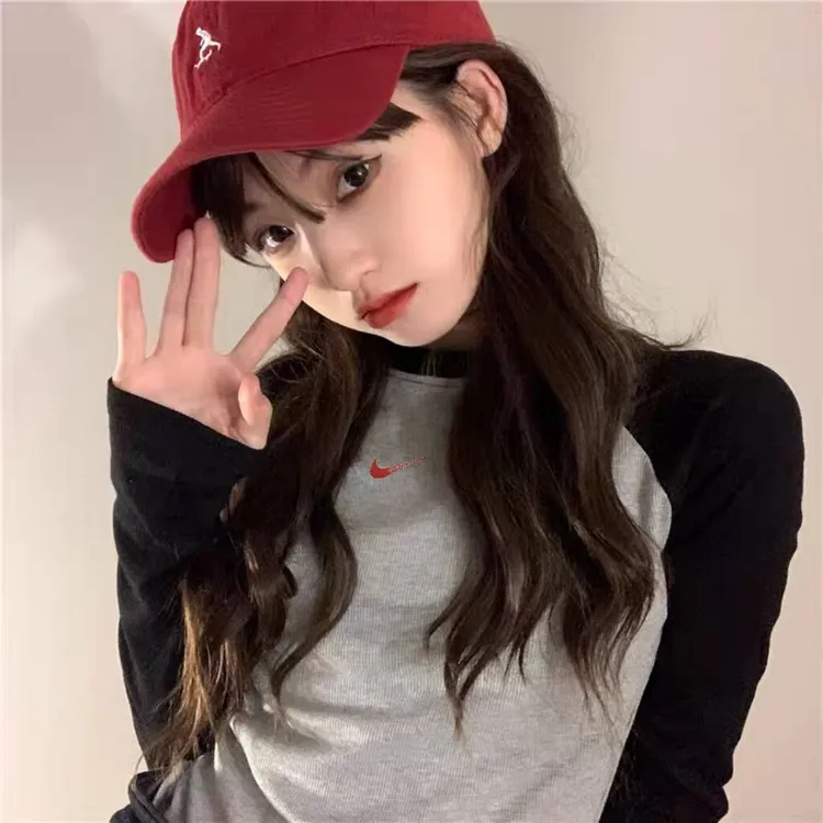 奥莱黑色高腰短款打底衫t恤秋冬运动修身内搭长袖露脐紧身上衣女