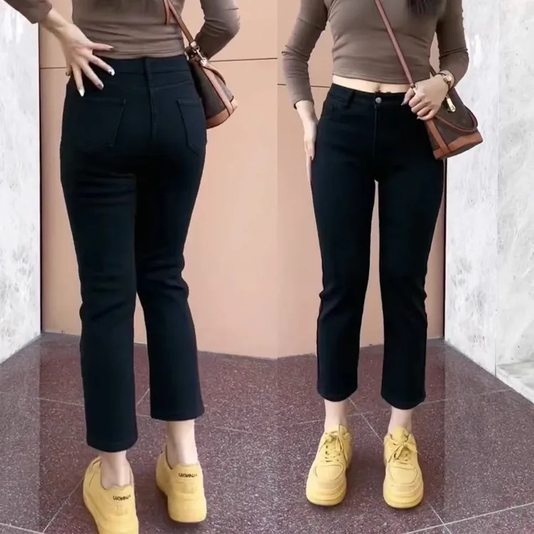 秋季新款大码黑色直筒牛仔裤八分女高腰显瘦裤子女款胖mm显瘦