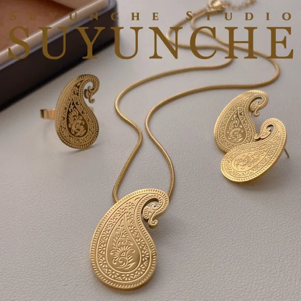钛钢项链 Suyunche2675新款民族风复古腰果花三件套