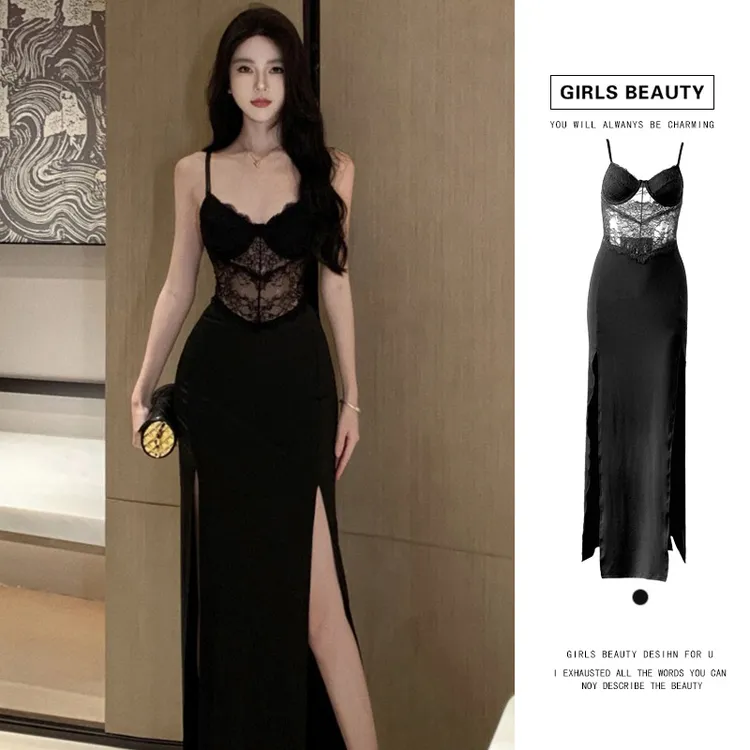 GIRLS BEAUTY丨黑色蕾丝吊带连衣裙女晚礼服开叉紧身裙海边穿搭