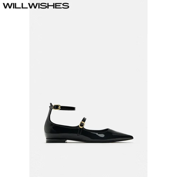 WILLWISHES/王玎设计女鞋秋季欧美尖头一字扣平底浅口单鞋女#440