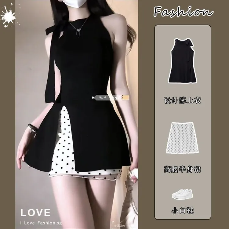 连衣裙上衣性感夏季时尚套装性感风少女风甜辣风高腰法式开叉