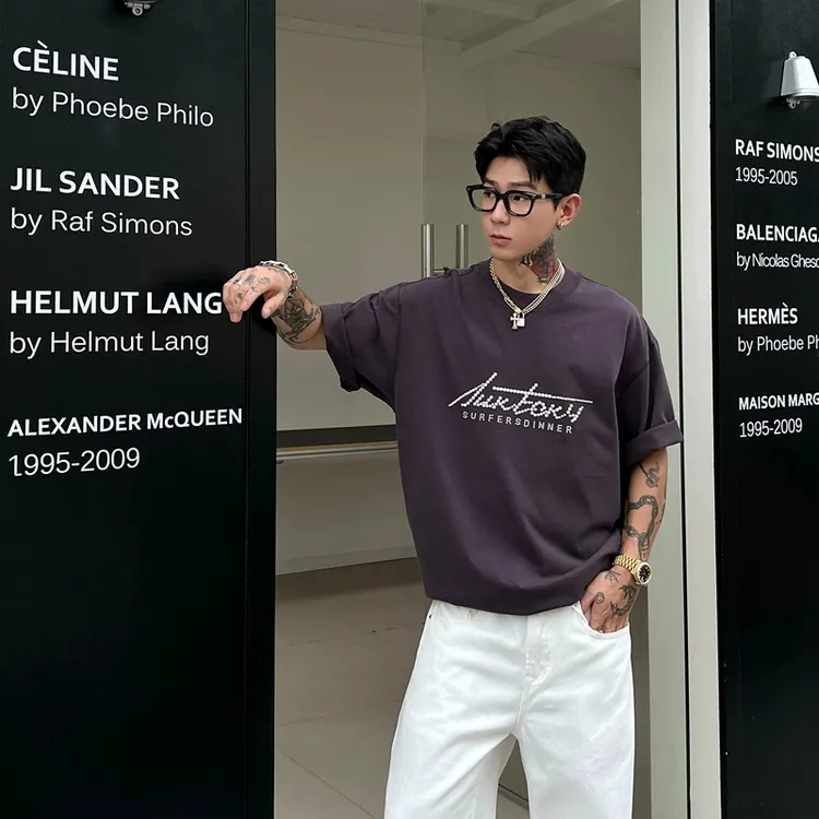 OXFREAK「珍珠字母烫钻」320g重磅紫色短袖t恤男宽松圆领情侣半袖