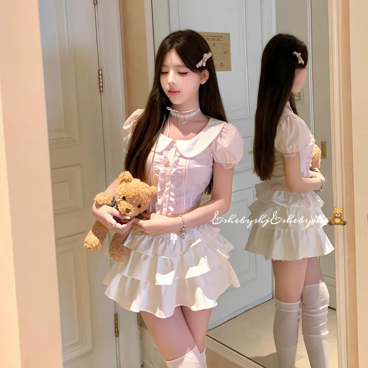 夏季甜美学院风浅粉色娃娃领衬衫高腰蓬蓬短裙迪士尼学院风套装女