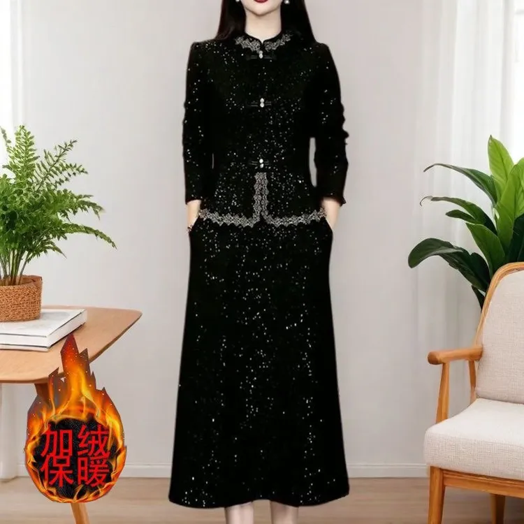 秋冬新款高端时尚轻奢高级感满天星加绒加厚气质优雅假两件连衣裙