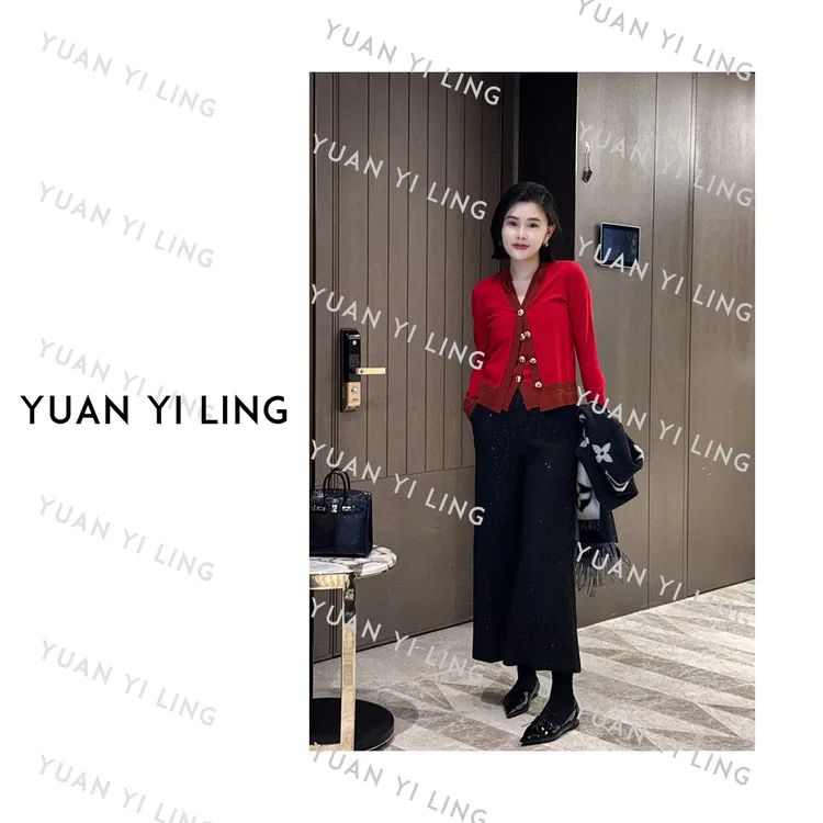 袁艺灵【新年】桑蚕丝丝光羊毛高端拼色V领针织开衫上衣