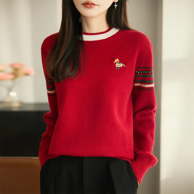 品牌女装羊毛衫新款新年红打底圆领毛衣小马生肖刺绣女士毛针织衫