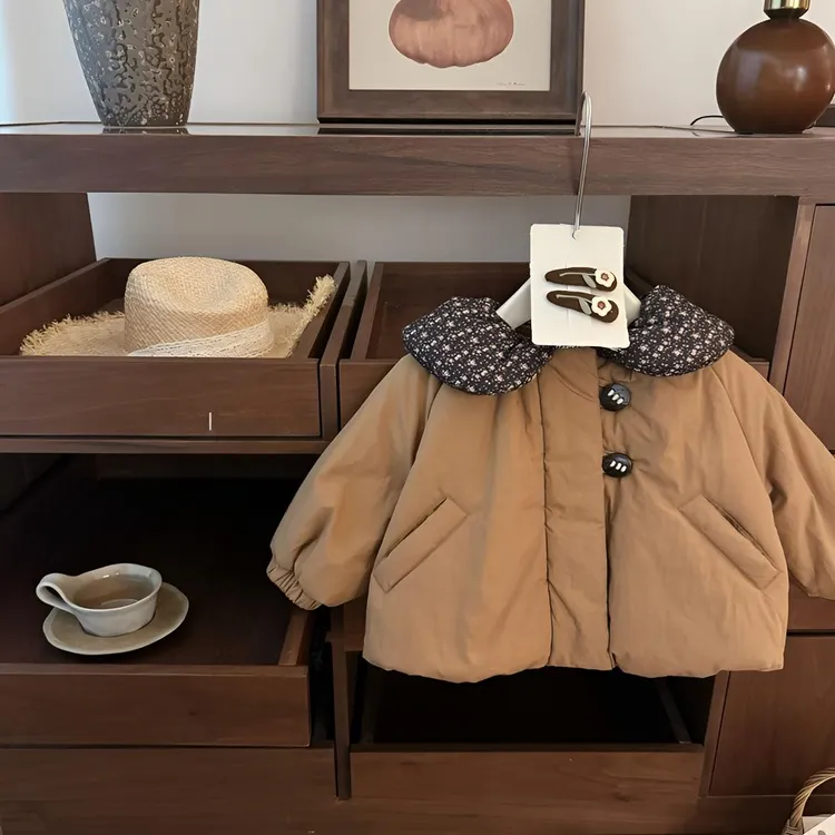 南瓜橘！女宝宝碎花高级感复古加厚花苞棉服外套2025中小童棉衣潮