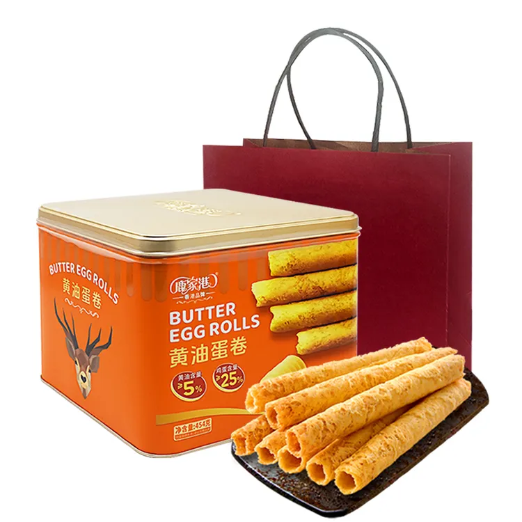 【到手2罐装 配送2个礼袋】鹿家港港式黄油蛋卷454g铁罐礼盒装