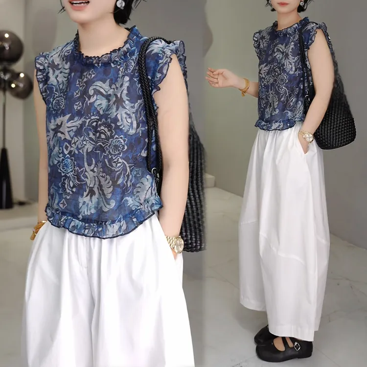 香朵儿复古木耳边无袖碎花衬衫女2025夏新款宽松显瘦印花坎肩上衣