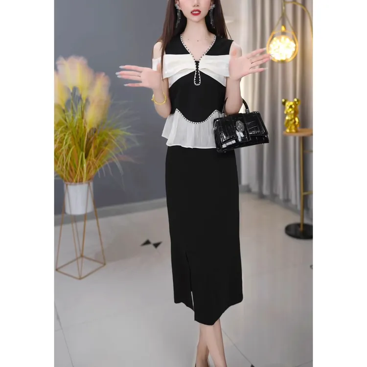 时尚气质显瘦设计感夏季新款两件套装短袖露肩上衣开叉半身裙套装