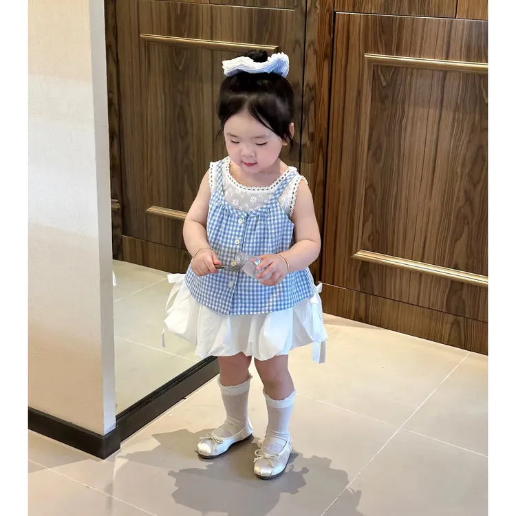 壹妈女童格子假两件夏装2025新款儿童洋气时髦夏装宝宝吊带两件套