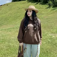 DC8308大码女装【旷野旅拍】秋冬季胖mm复古连帽刺绣宽松长袖卫衣