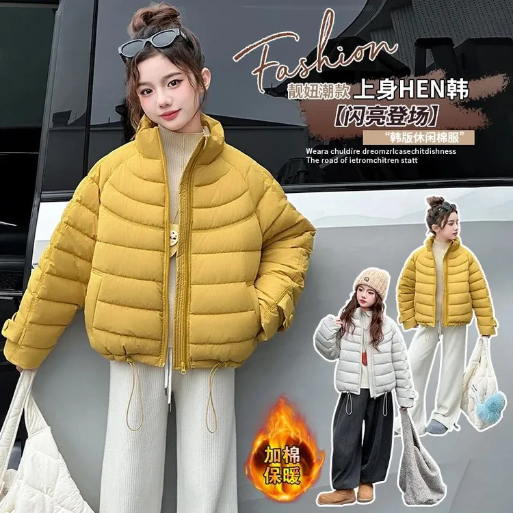 女童棉服外套中大童加棉休闲纯色保暖短款棉袄儿童轻薄款夹克上衣