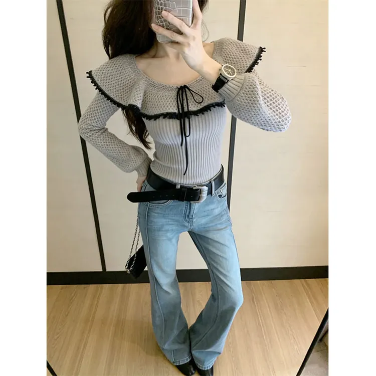 法式镂空灰色披肩毛衣女秋设计感小众甜美小香风针织衫显瘦牛仔裤